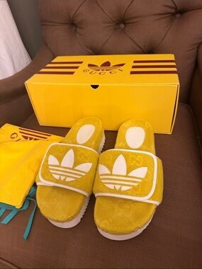 Gucci X Adidas Yellow Terry Cloth GG Monogram Platform Sandals size 39